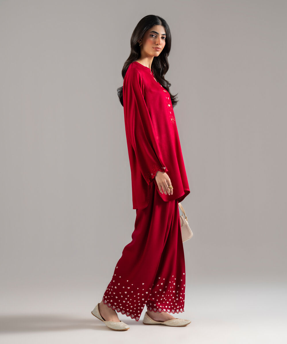 Women's RTW Bedford Solid Embroidered Red Straight Shirt
