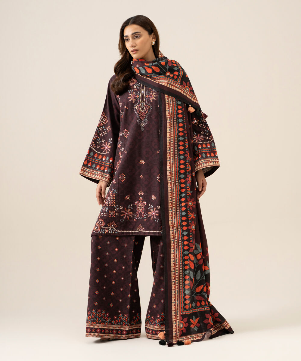 Women's Unstitched Light Khaddar Embroidered Plum 3 Piece Suit