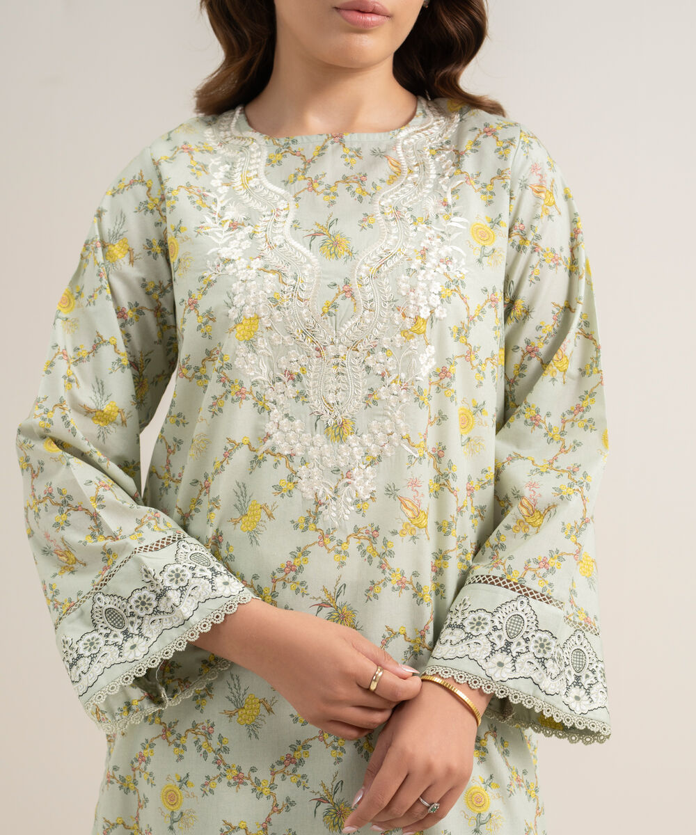 Women's RTW Lawn Embroidered Green A-Line Shirt