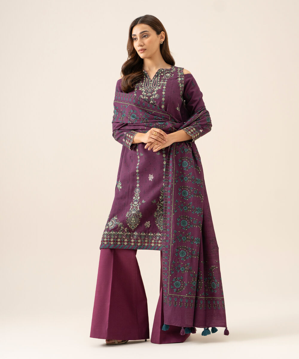 Women's Unstitched Light Khaddar Embroidered Plum 3 Piece Suit