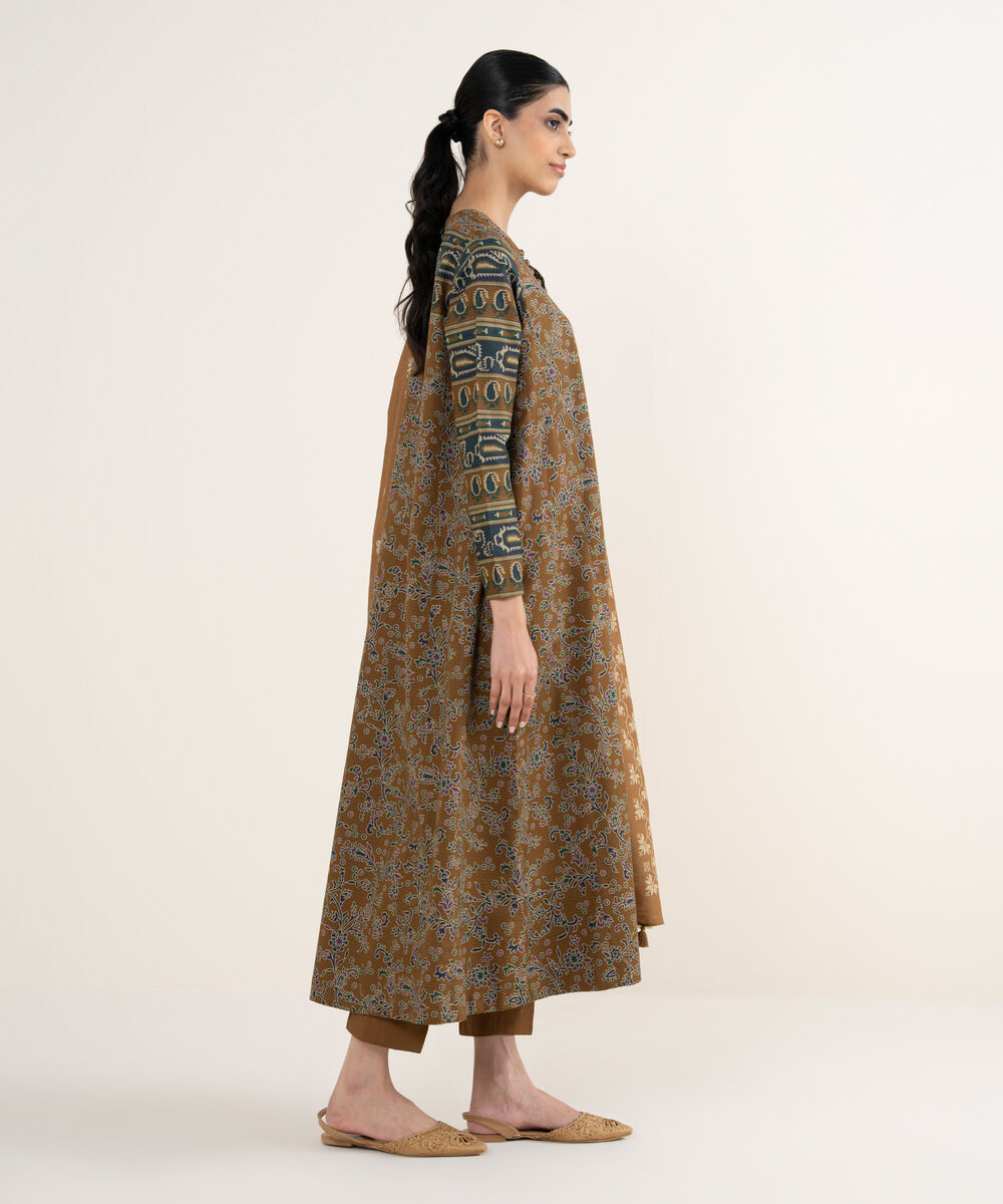 Women's Unstitched Printed Dobby Rust and Magenta 3 Piece Suit