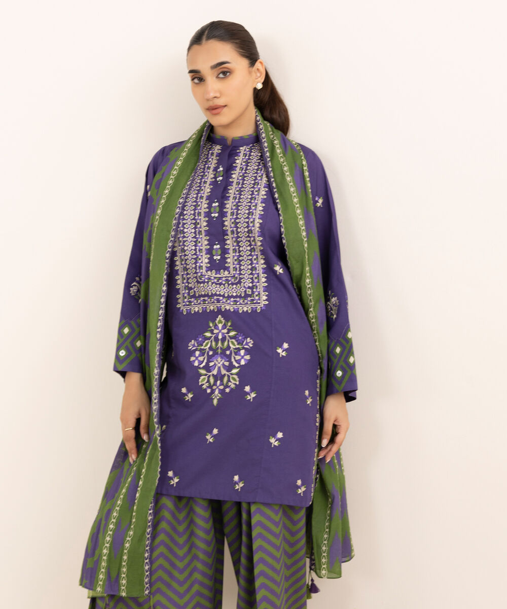 Women's Unstitched Lawn Embroidered Purple Three Piece Suit