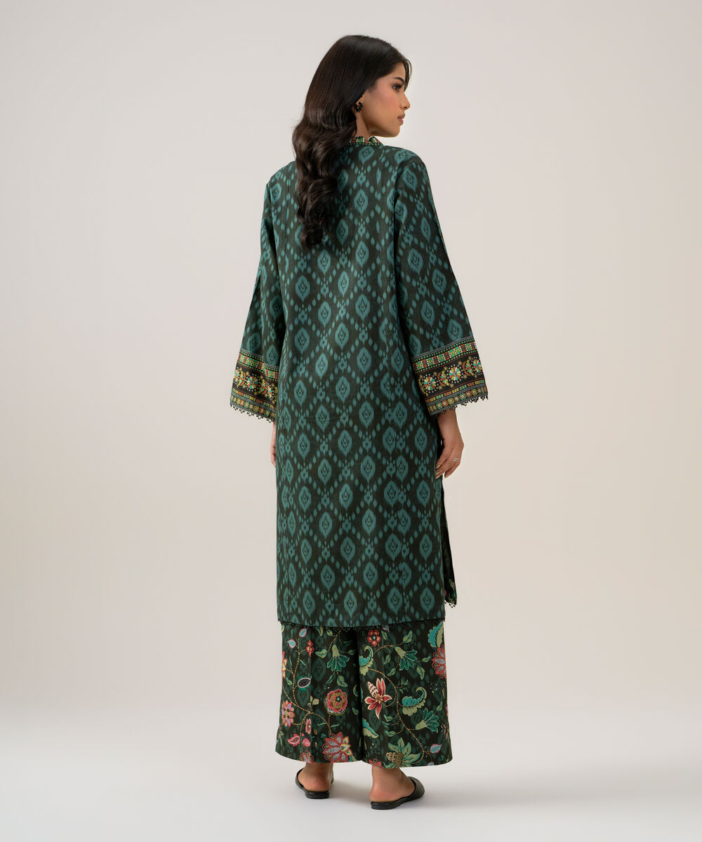 Women's Unstitched Linen Printed Teal Green 2 Piece Suit