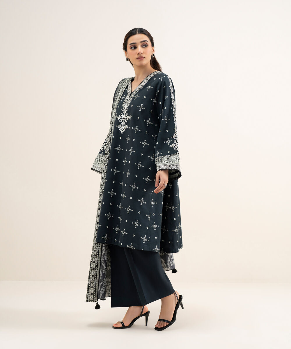 Women's Unstitched Lawn Embroidered Black and Off White 3 Piece Suit
