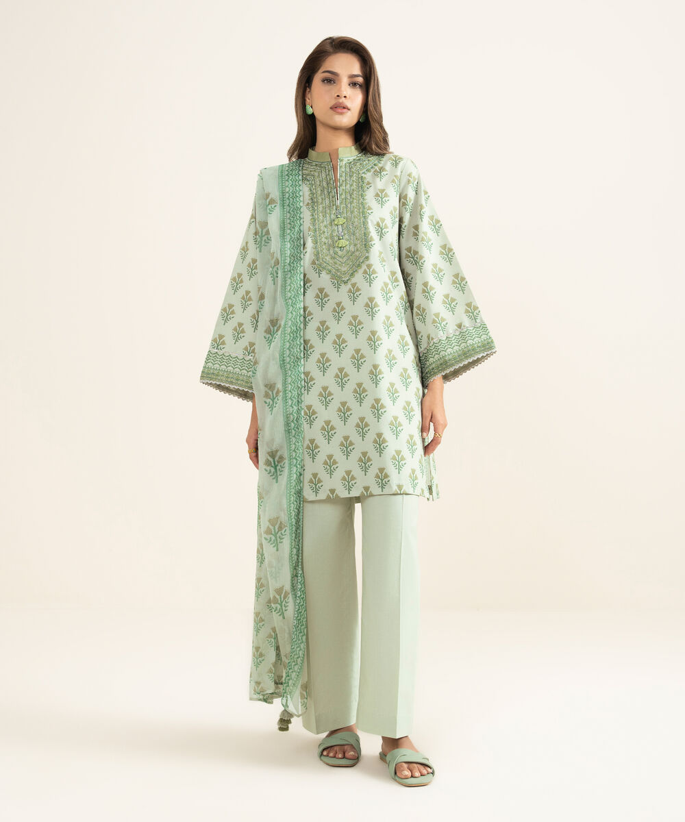 Women's Unstitched Lawn Embroidered Green 3 Piece Suit
