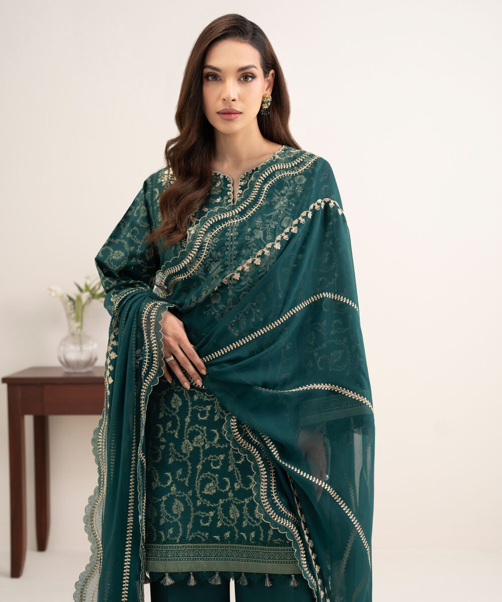 Women's Unstitched Extra Weft Jacquard Embroidered Green 3 Piece Suit