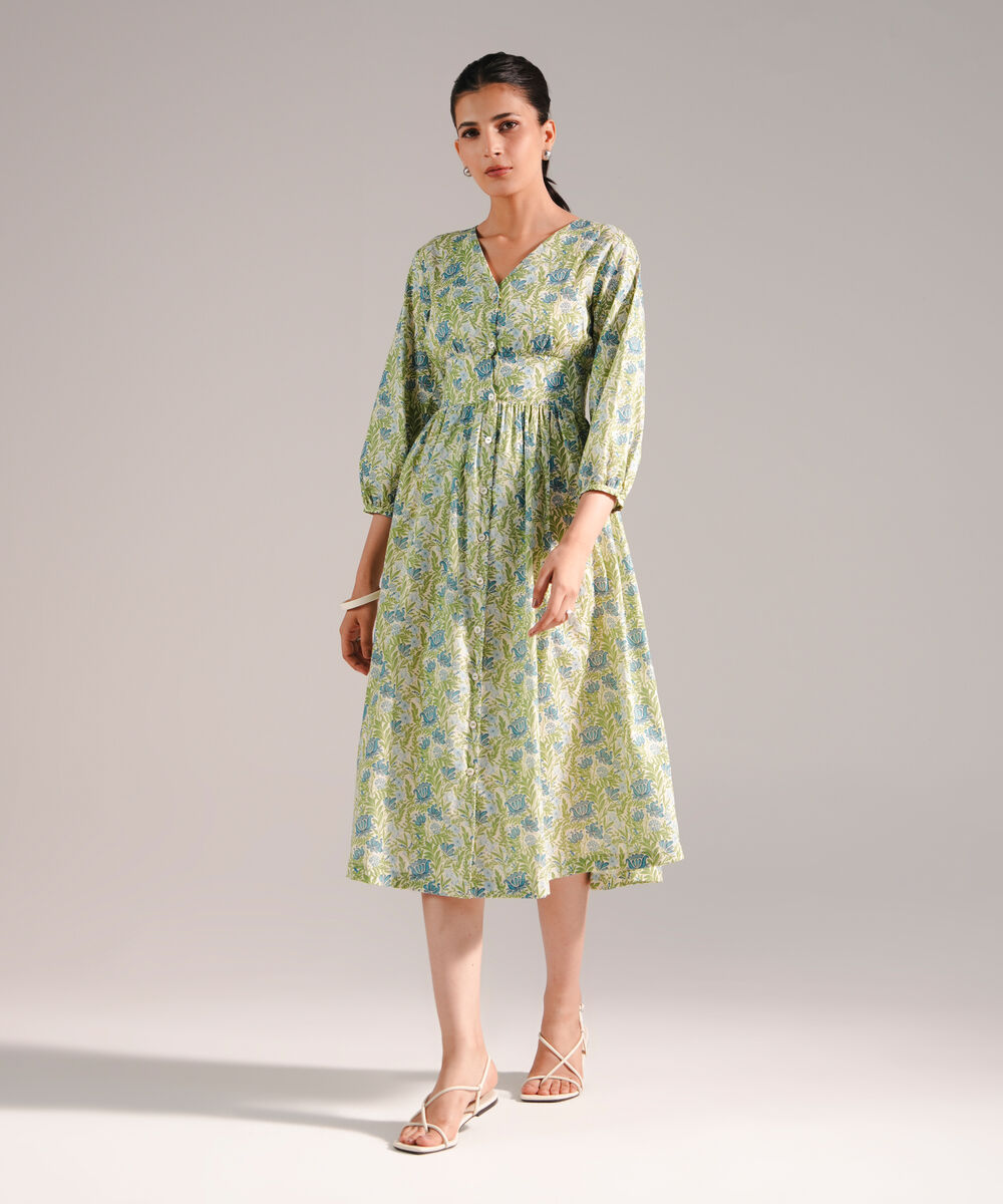 Women's RTW Slub Lawn Printed Green Dress