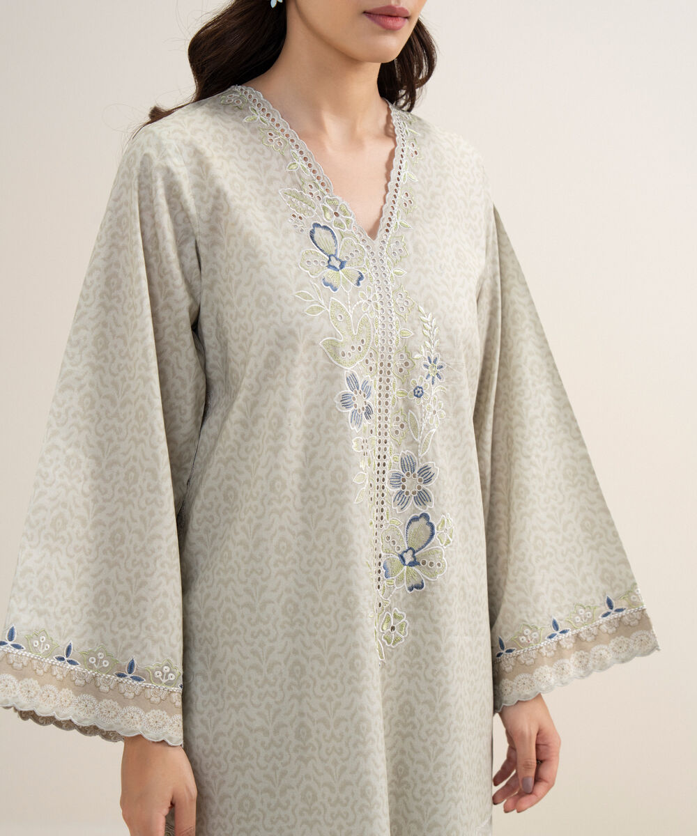 Women's Unstitched Lawn Embroidered Beige 3 Piece Suit