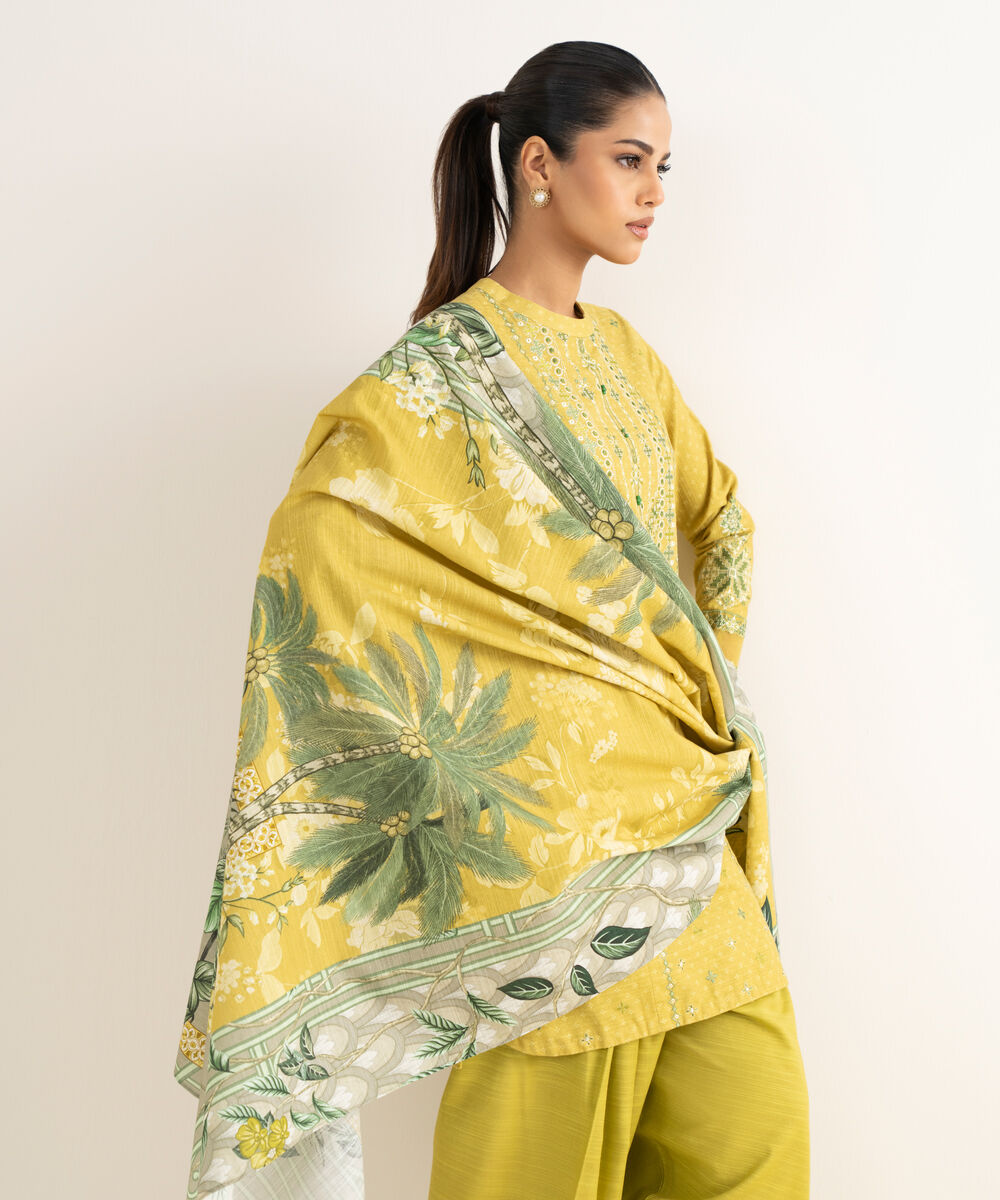 Women's Unstitched Light Khaddar Embroidered Yellow 3 Piece Suit