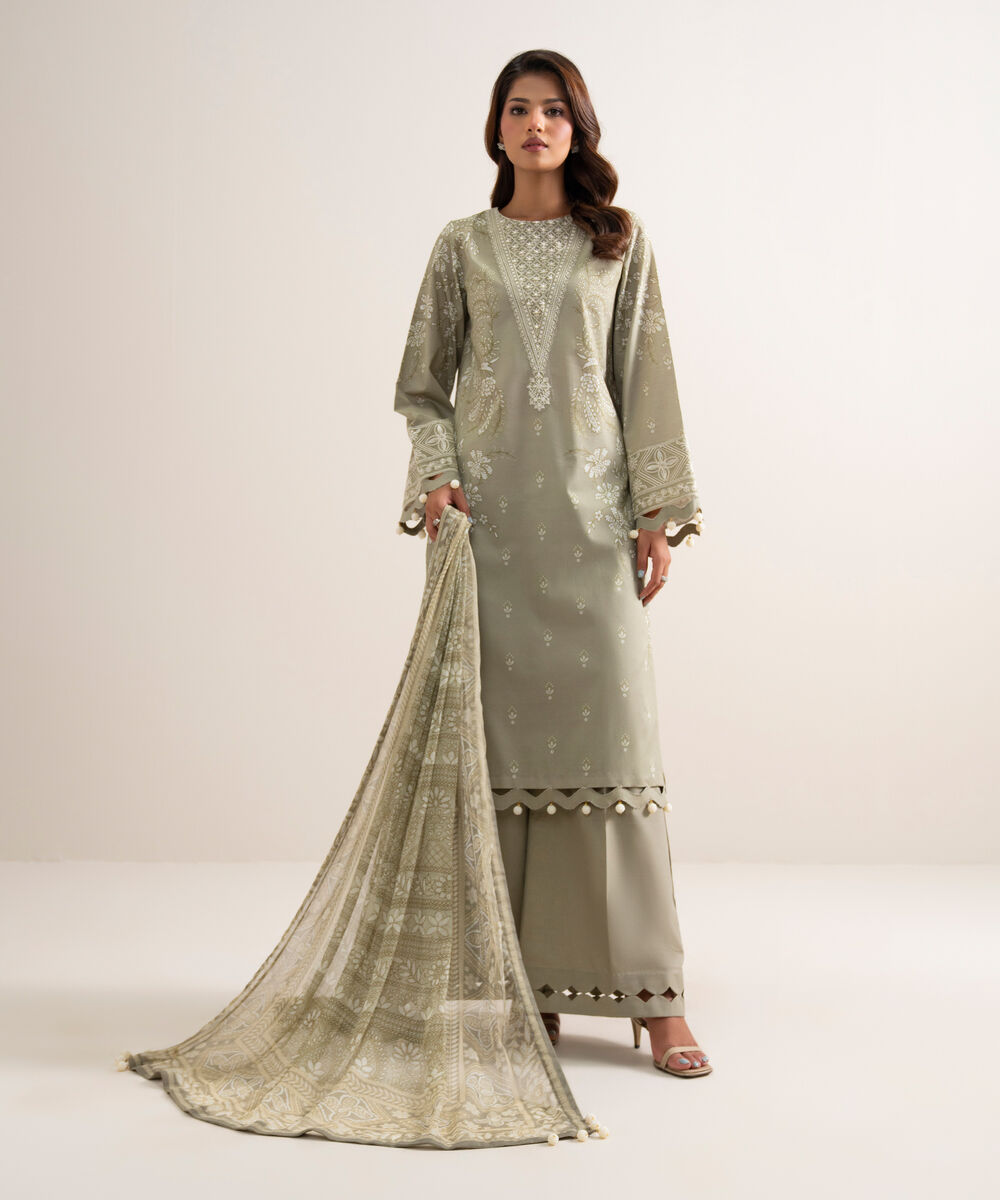 Women's Unstitched Lawn Embroidered Grey 3 Piece Suit