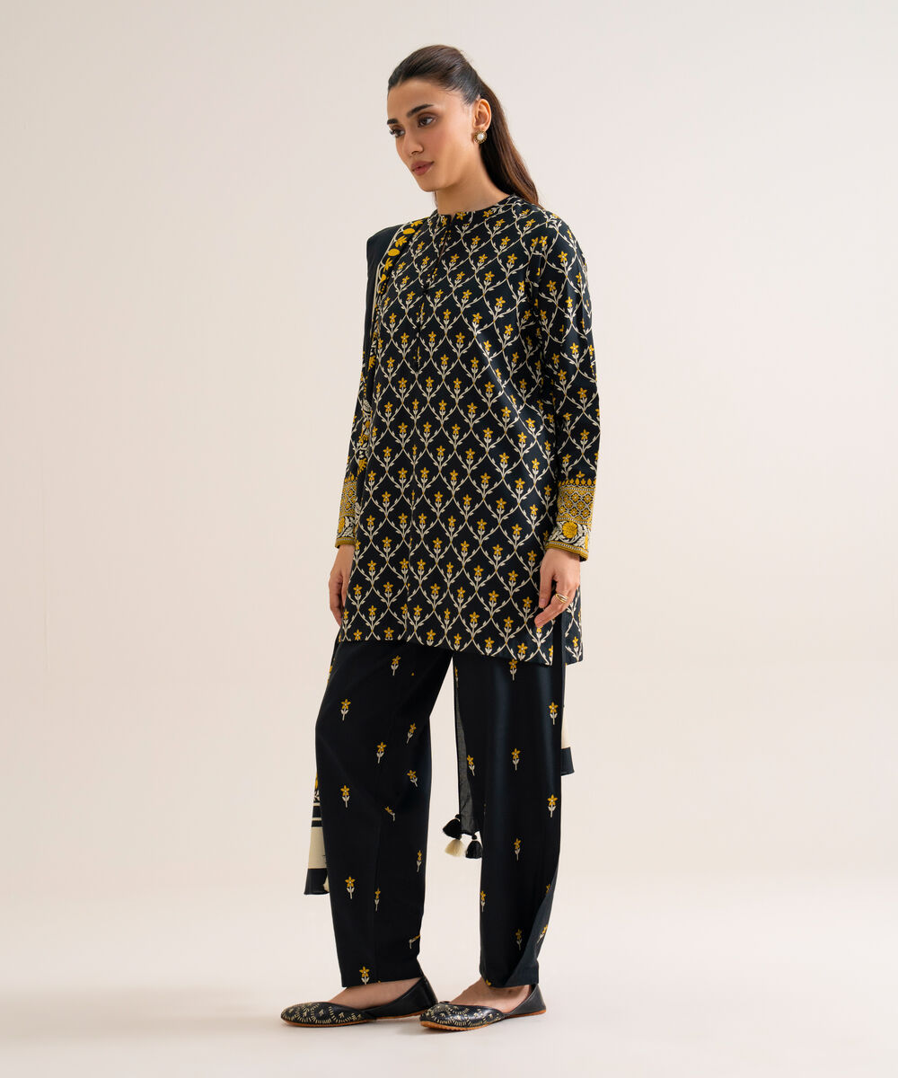 Women's Unstitched Viscose Linen Printed Black 3 Piece Suit