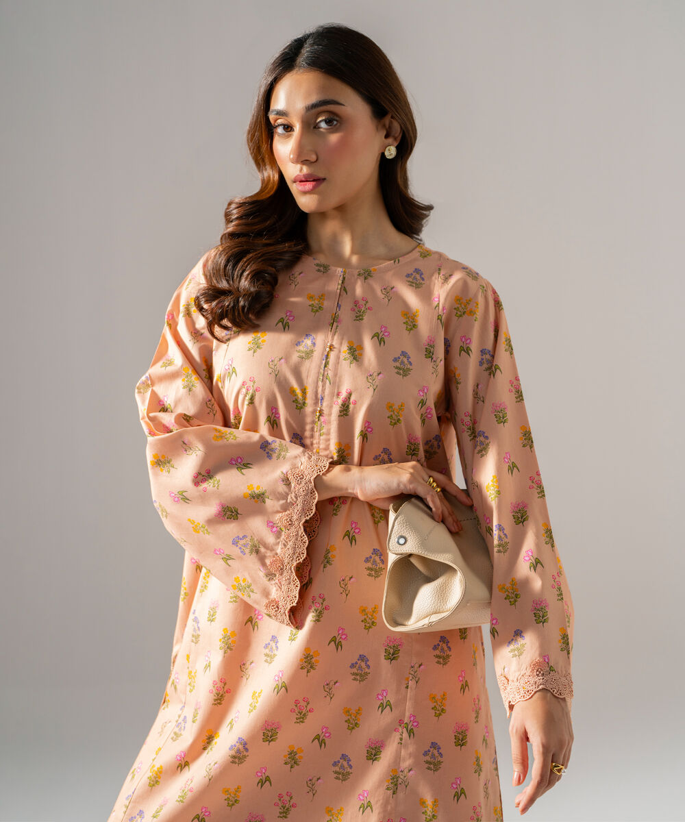 Women's RTW Printed Cambric Peach A-Line Shirt