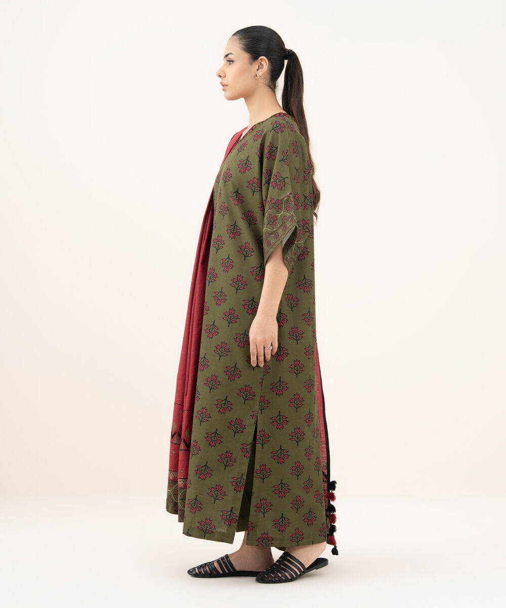 Women's Unstitched Printed Khaddar Olive Green 3 Piece Suit