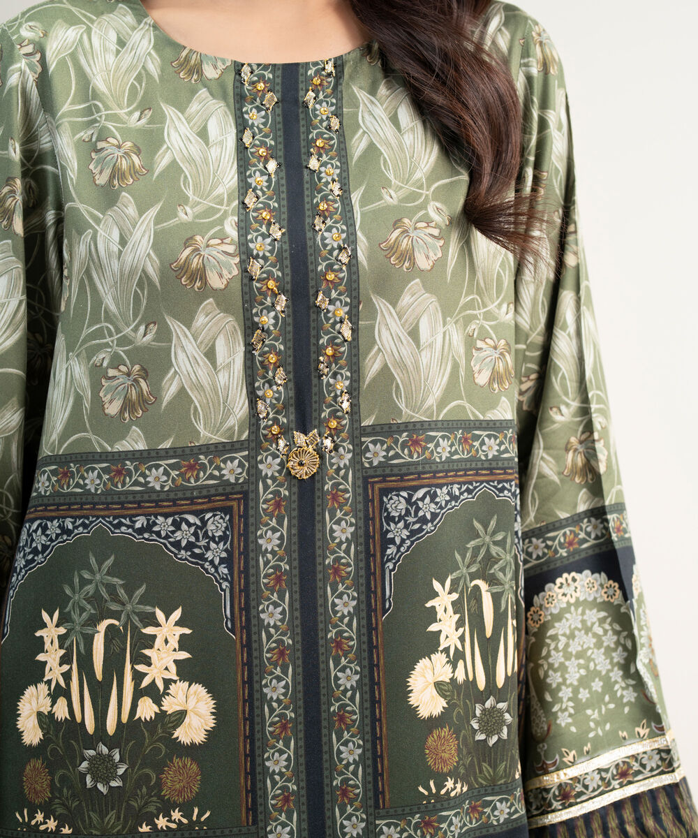 Women's RTW Premium Visocose Satin Printed Green Straight Shirt
