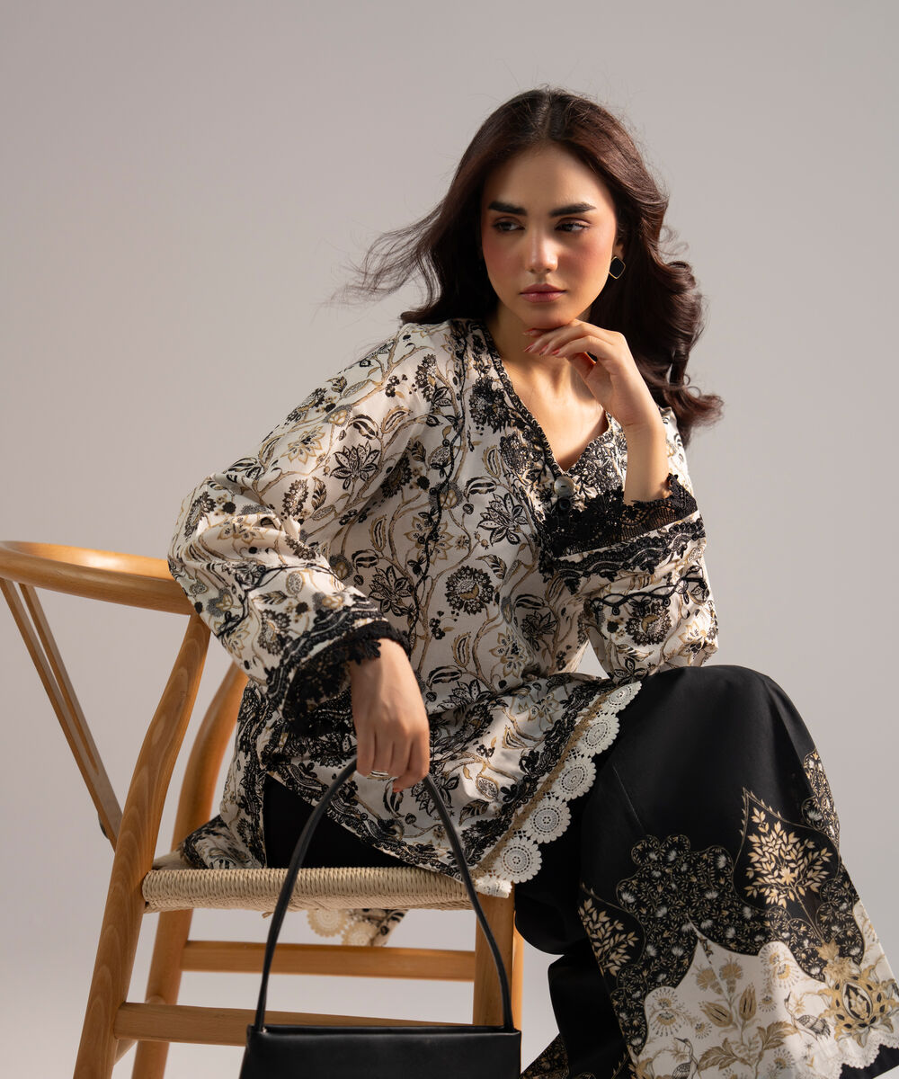 Women's RTW Lawn Embroidered Off White Straight Shirt