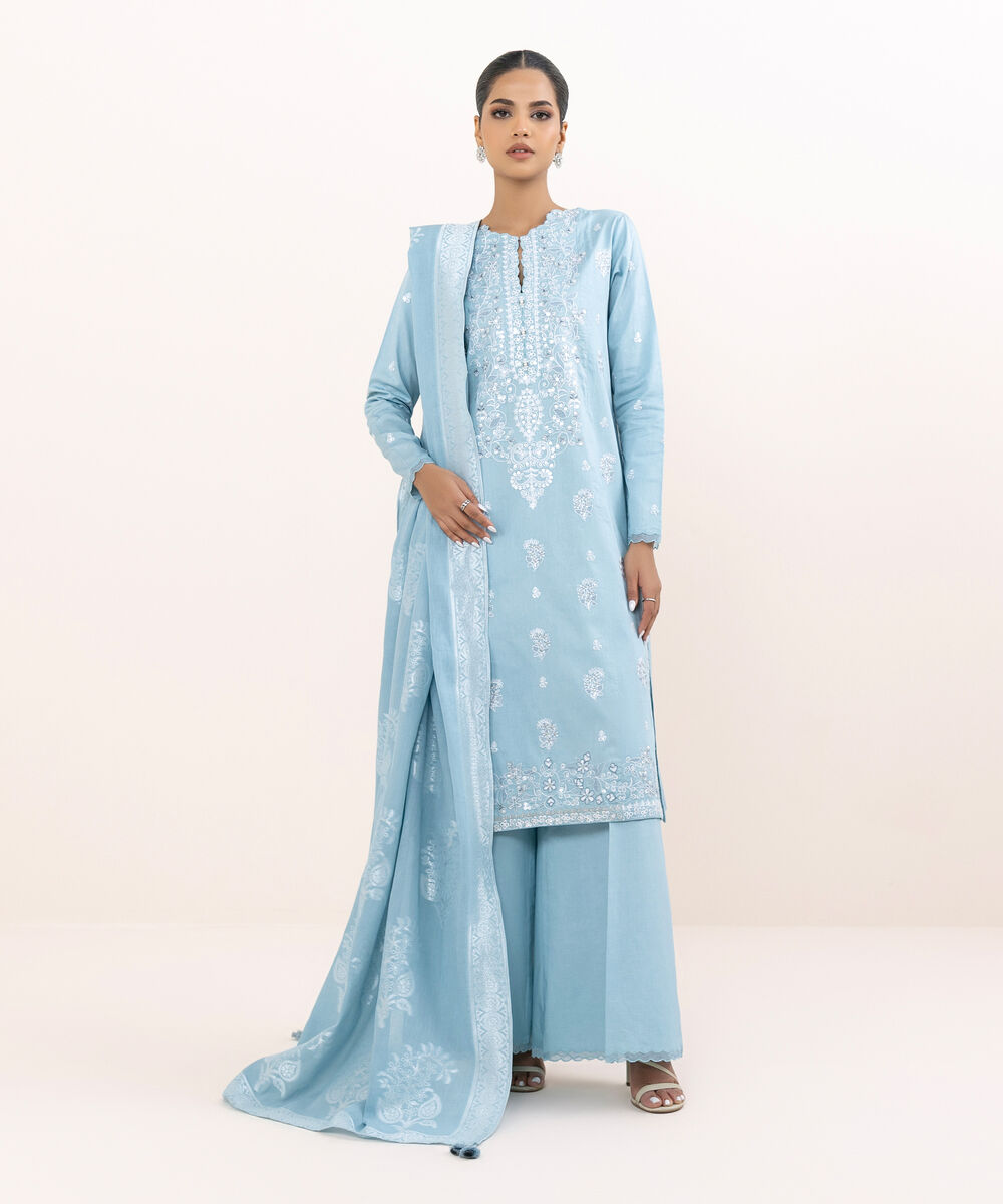 Women's Unstitched Light Cotton Satin Dyed Three Piece Suit