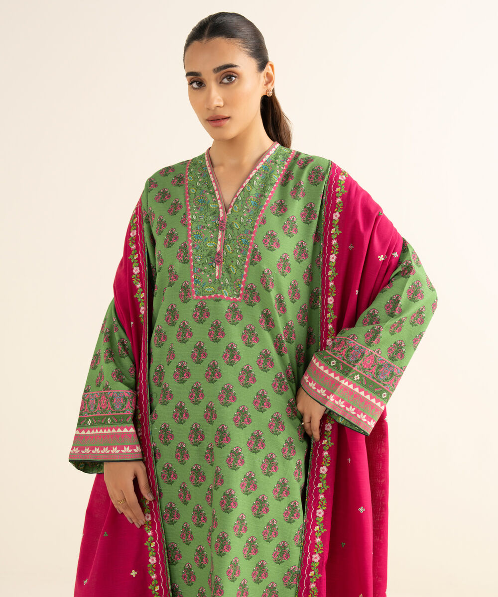 Women's Unstitched Light Khaddar Embroidered Green 3 Piece Suit