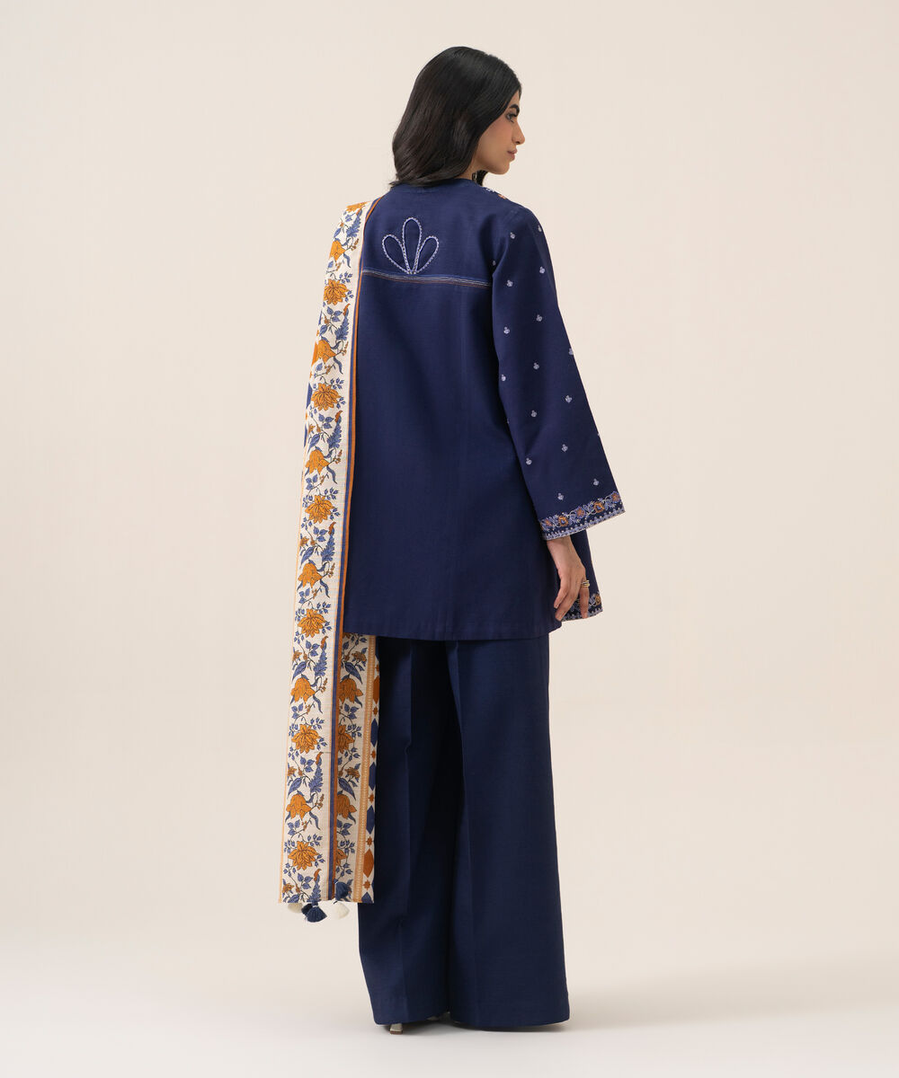 Women's Unstitched Basic Khaddar Embroidered Blue 3 Piece Suit
