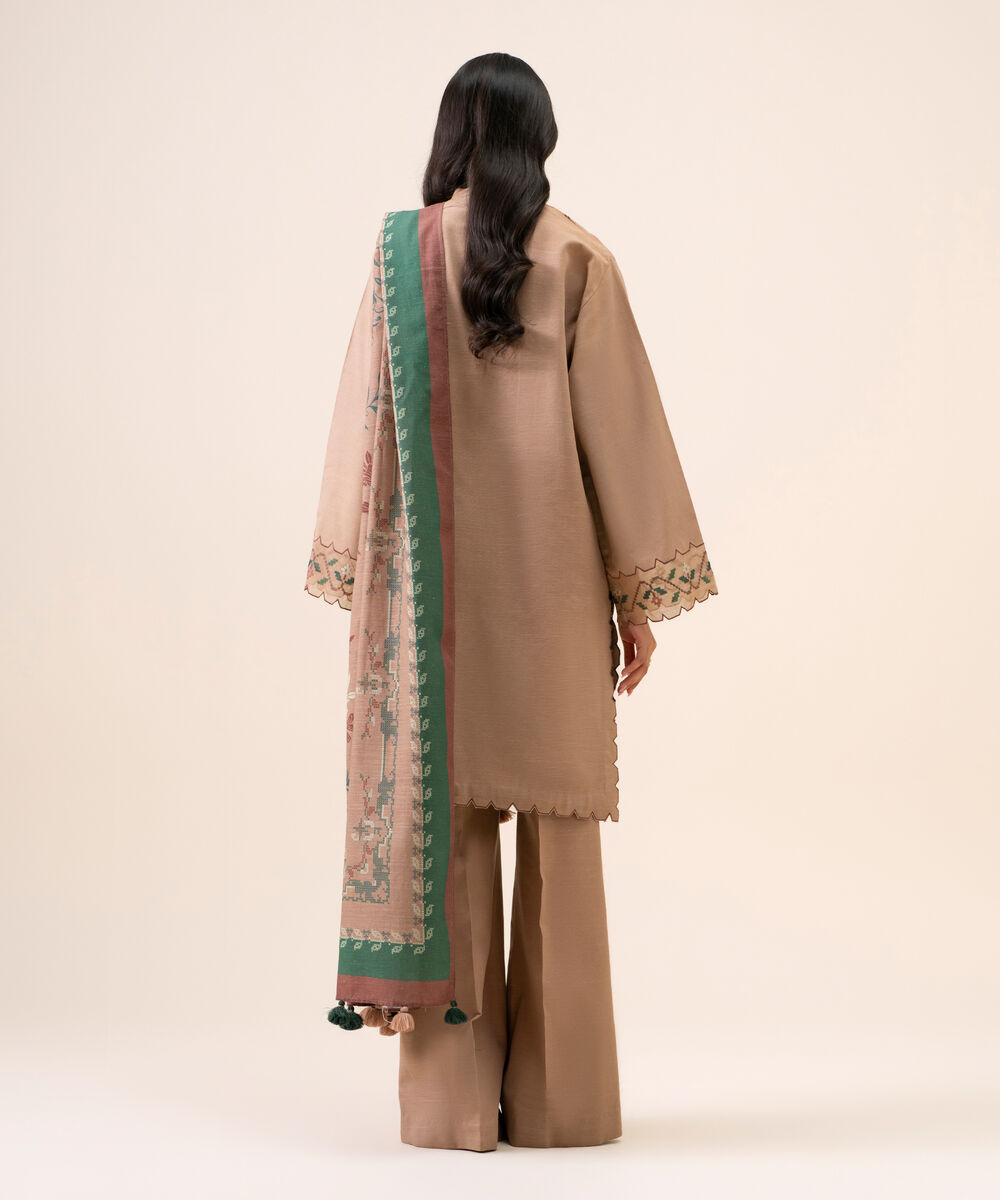 Women's Unstitched Light Khaddar Embroidered Beige 3 Piece Suit