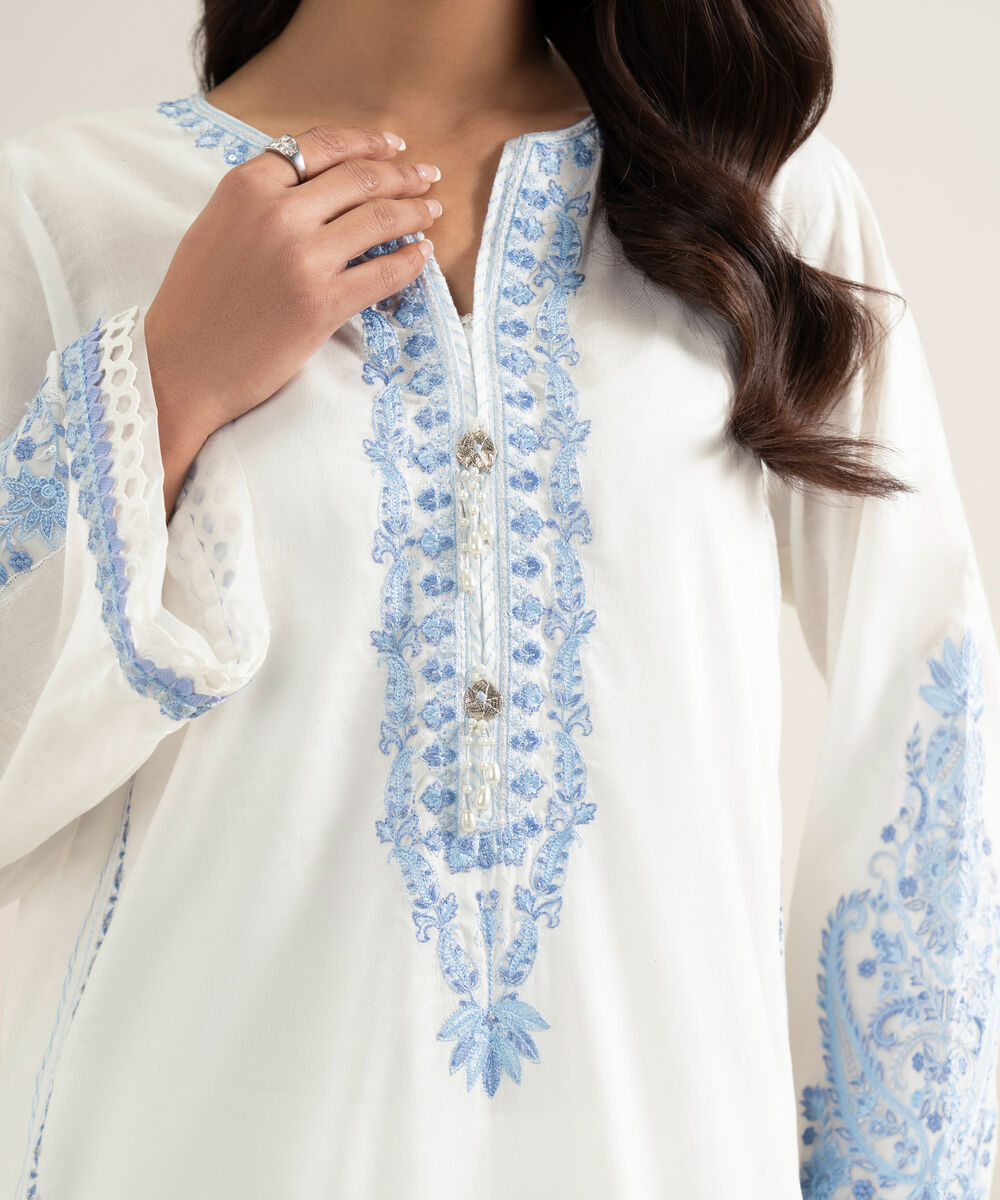 Women's RTW Self Jacquard Embroidered White A-Line Shirt