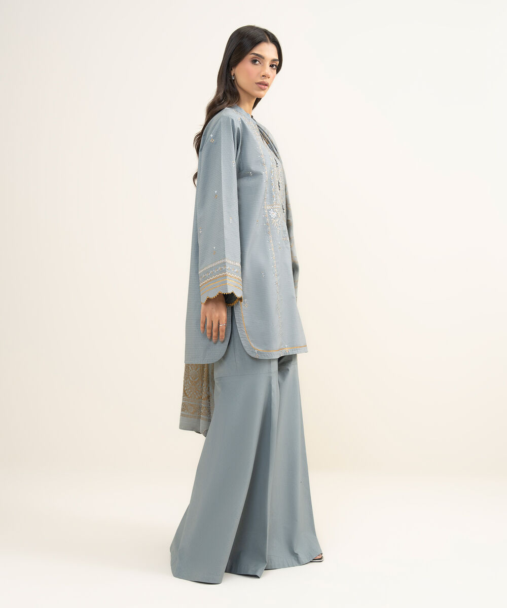 Women's Unstitched Dobby Embroidered Grey 3 Piece Suit