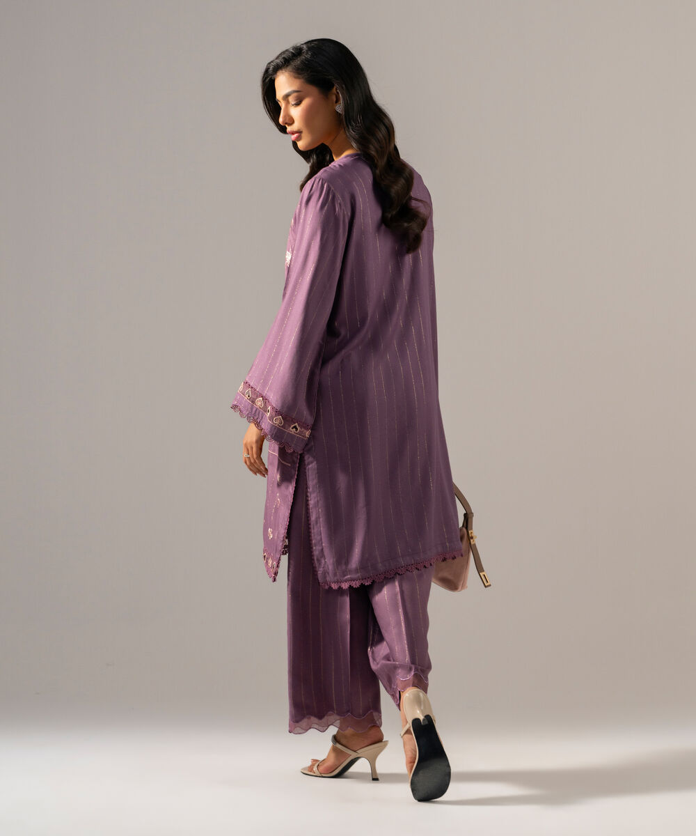 Women's RTW Dobby Crepe Lurix Solid Embroidered Purple Straight Shirt