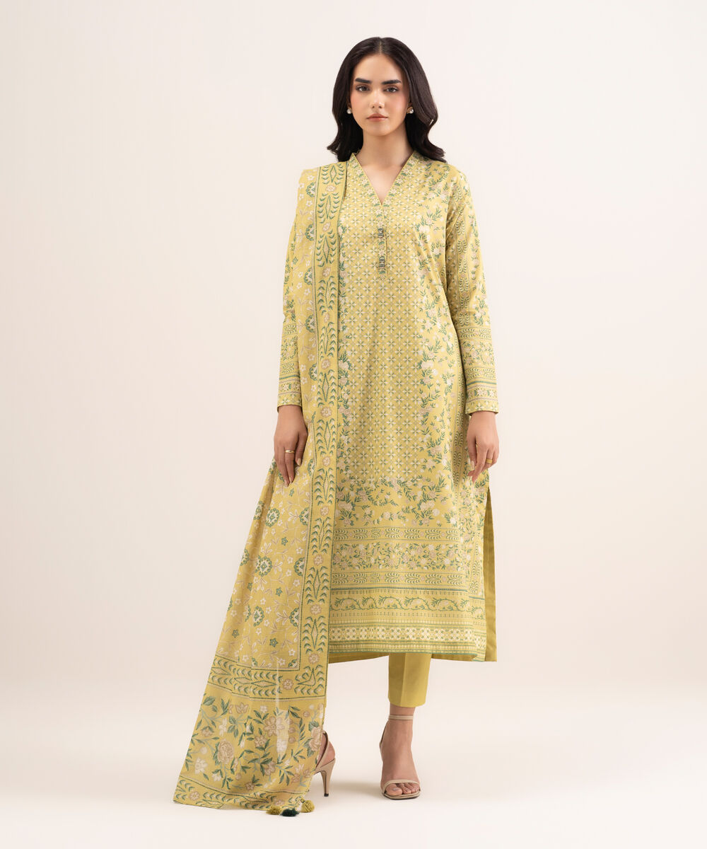 Women's Unstitched Lawn Printed Yellow 3 Piece Suit