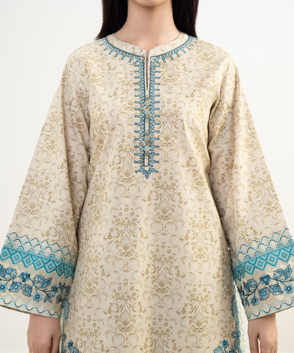Women's Unstitched Lawn Embroidered Beige   3 Piece Suit