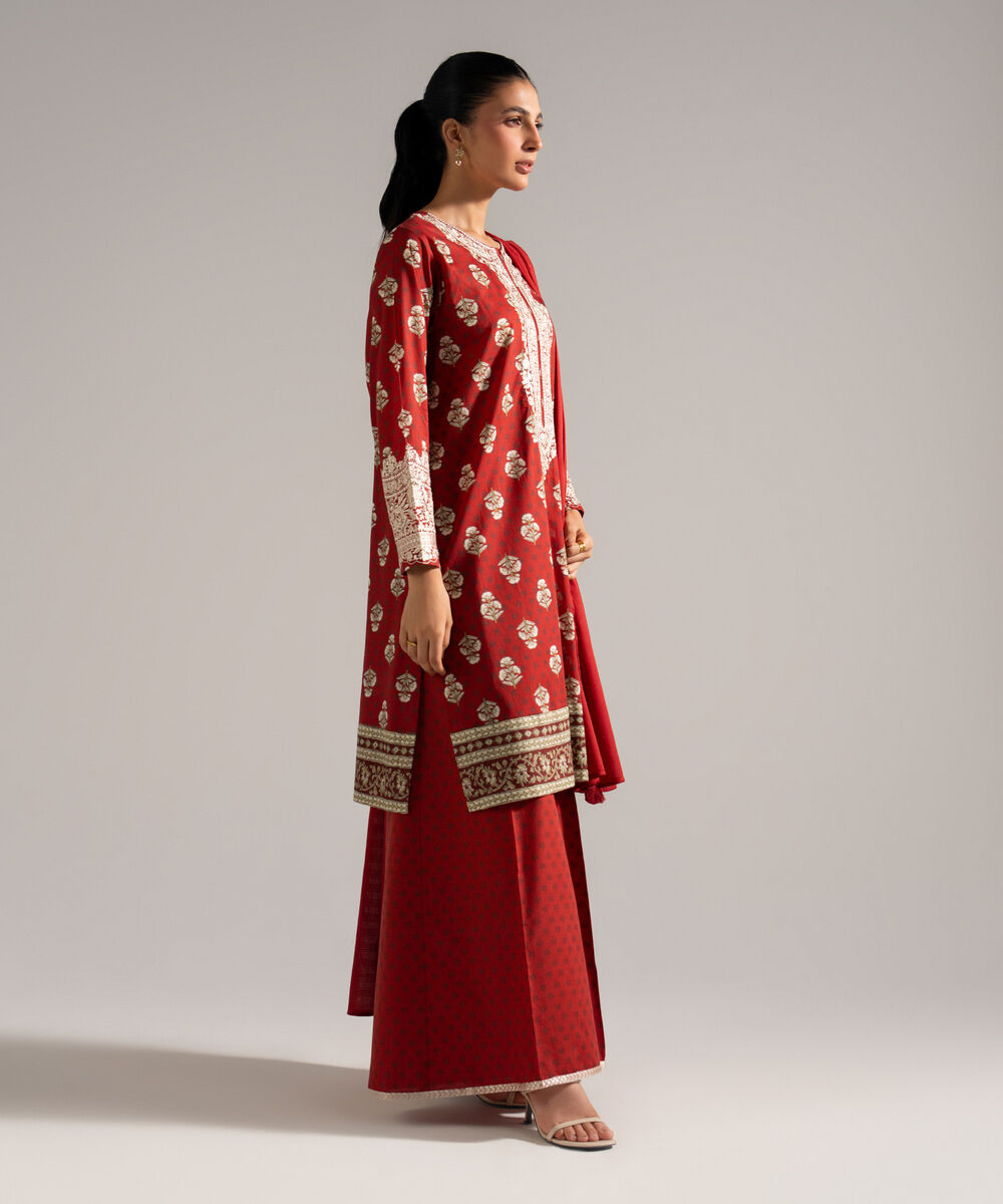 Women's RTW Lawn Embroidered Red 3 Piece Suit