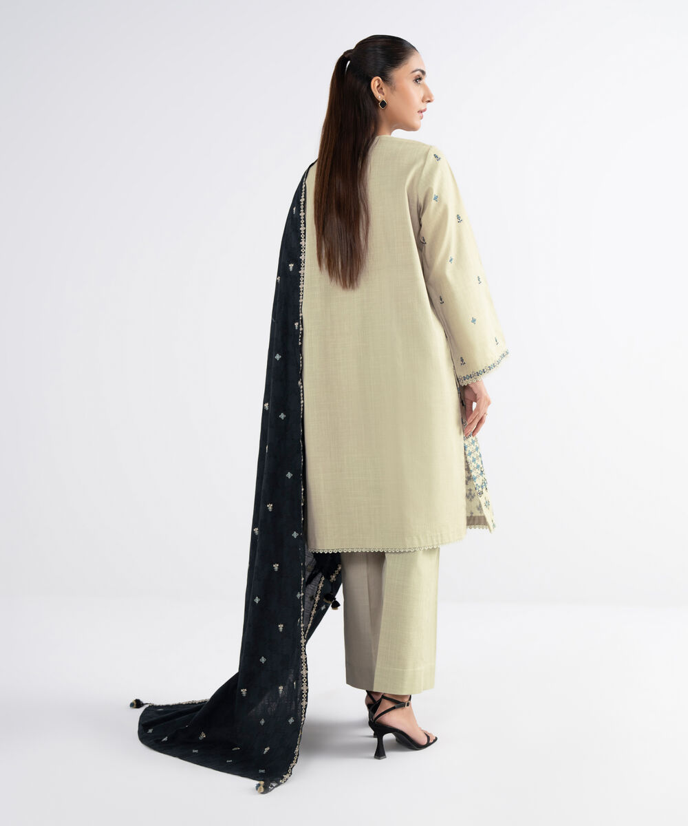 Women's Unstitched Cross Hatch Embroidered Beige 3 Piece Suit