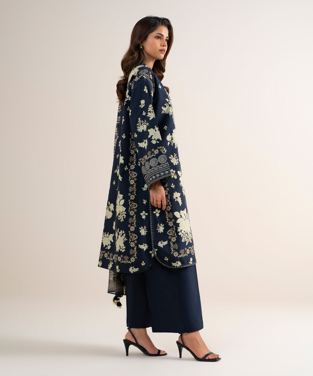 Women's Unstitched Cotton Embroidered Blue