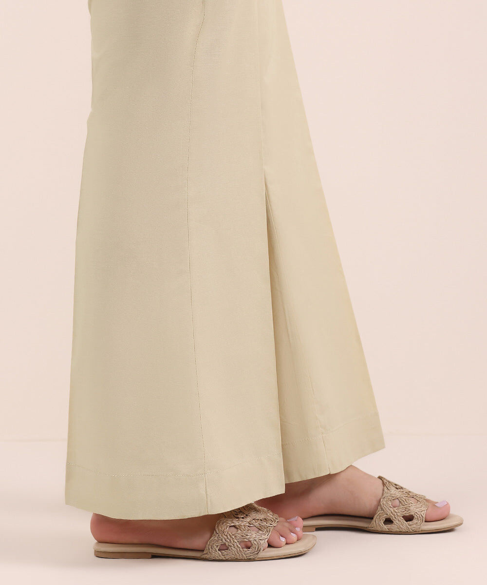 Woman - Beige Solid Cambric Boot-Cut Pants