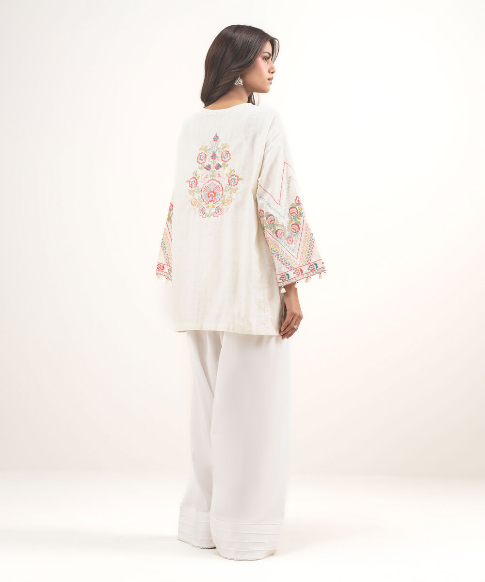Women's RTW Dobby Embroidered Off White Drop Shoulder Shirt