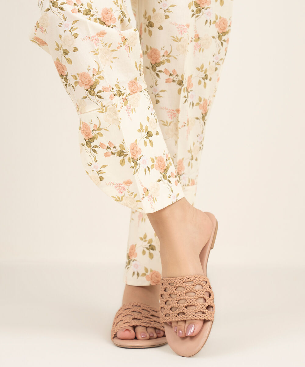 Women's RTW Cambric Printed Off White Straight Pants