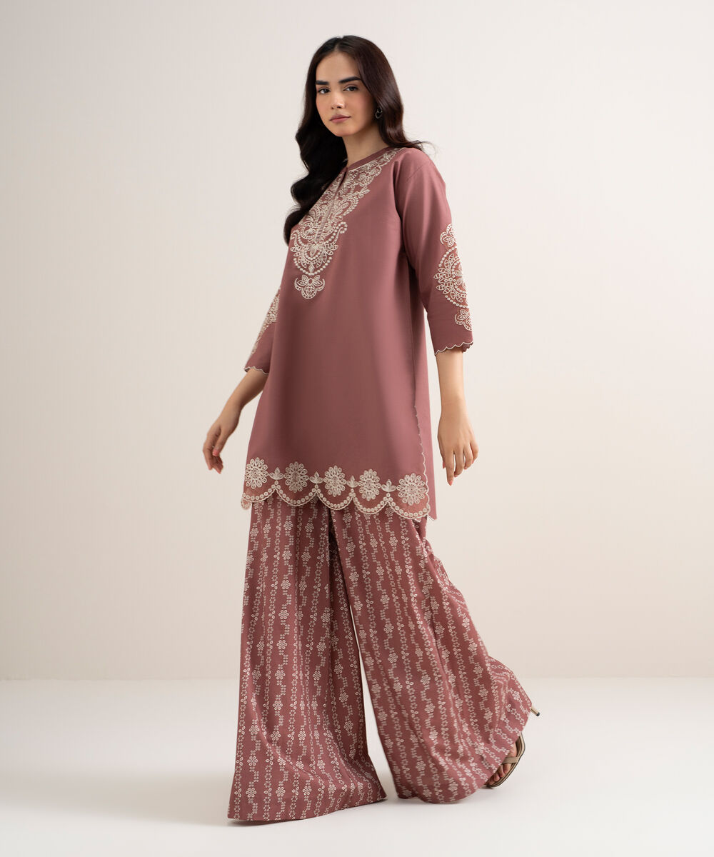 Women's Unstitched Cotton Embroidered Brown 2 Piece Suit