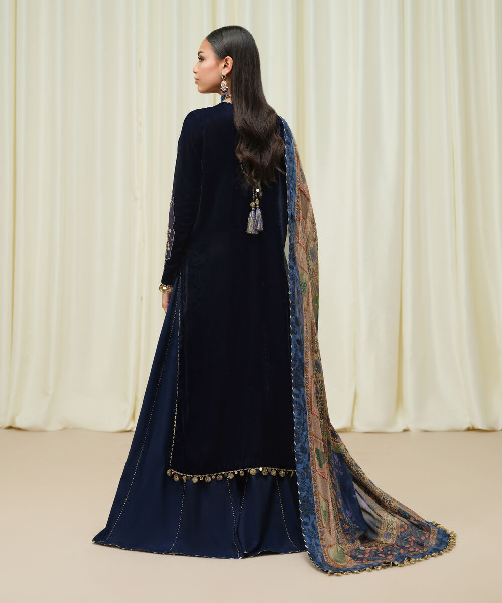 Women's Unstitched Velvet Embroidered Blue 3 Piece Suit