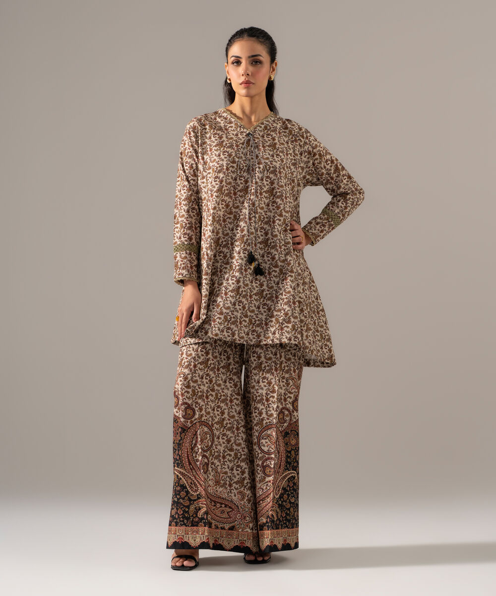 Women's RTW Khaddar Printed Beige 2 Piece Suit