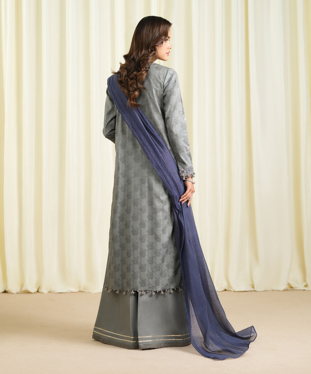 Women's Unstitched Cotton Jacquard Embroidered Grey 3 Piece Suit
