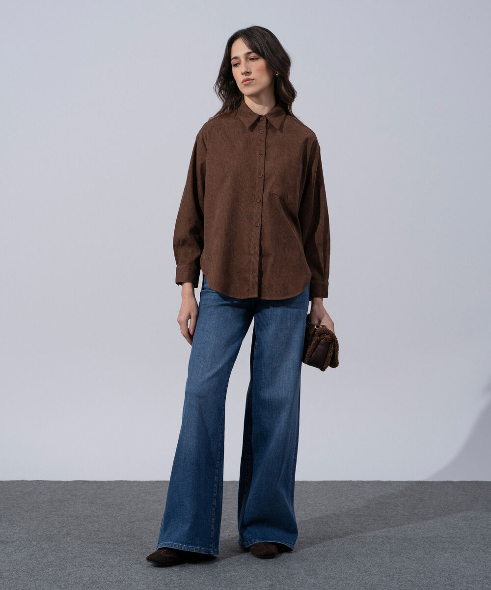Women's Western Wear Brown Polyester Button Through Corduroy Shirt