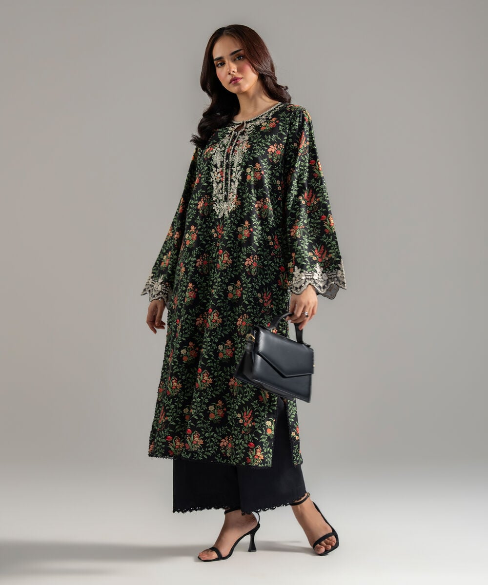 Women's RTW Cotton Viscose Printed Embroidered Black Straight Shirt