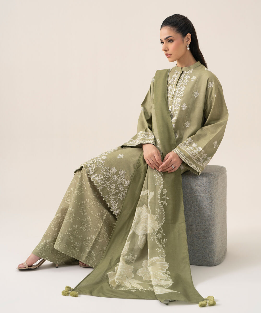 Women's Unstitched Cotton Embroidered Light Green 3 Piece Suit