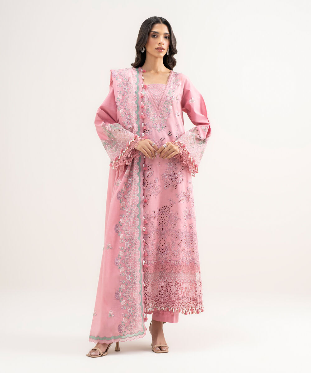 Women's Unstitched Lawn Embroidered Pink 3 Piece Suit