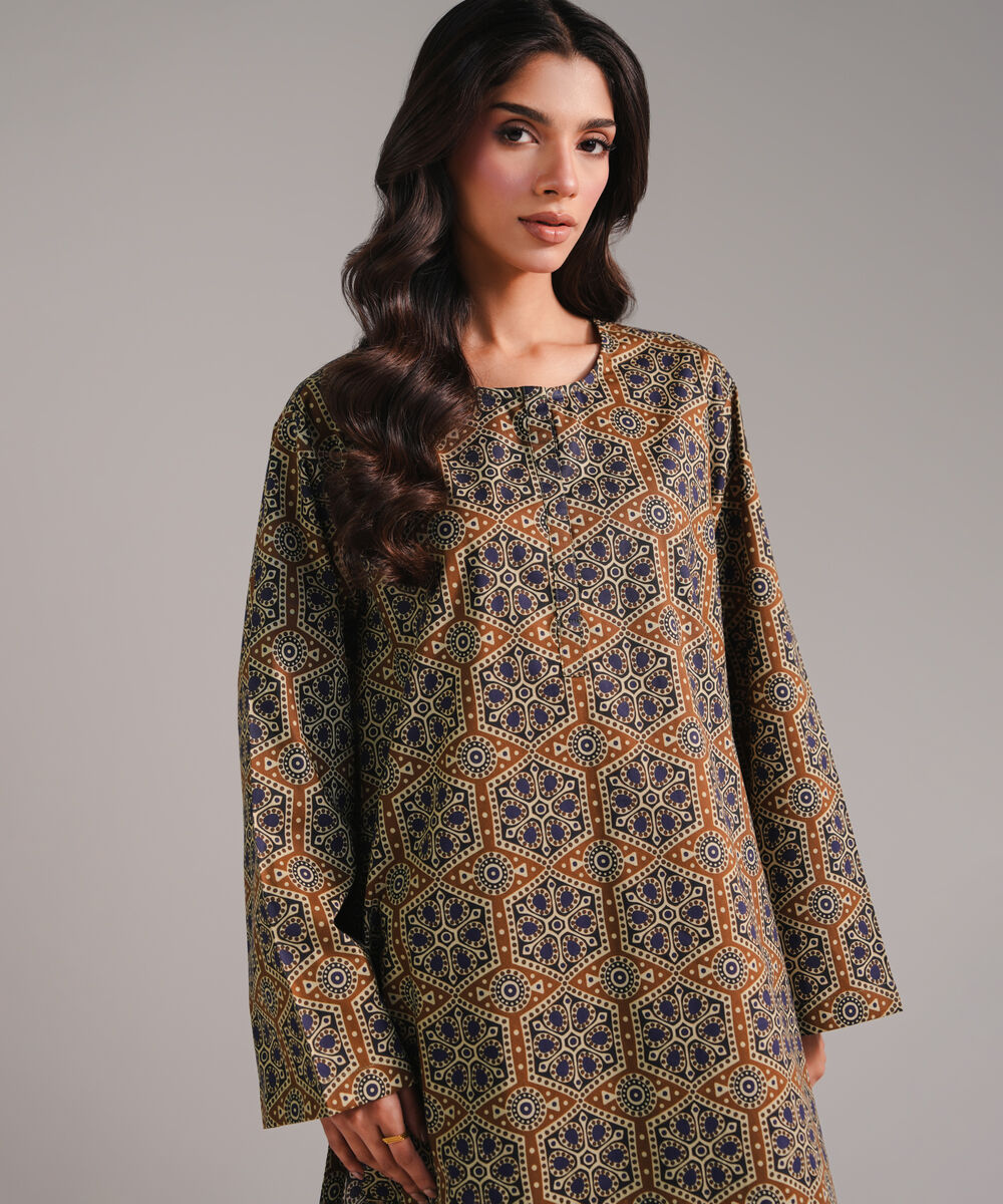 Women's RTW Cambric Printed Brown 2 Piece Suit