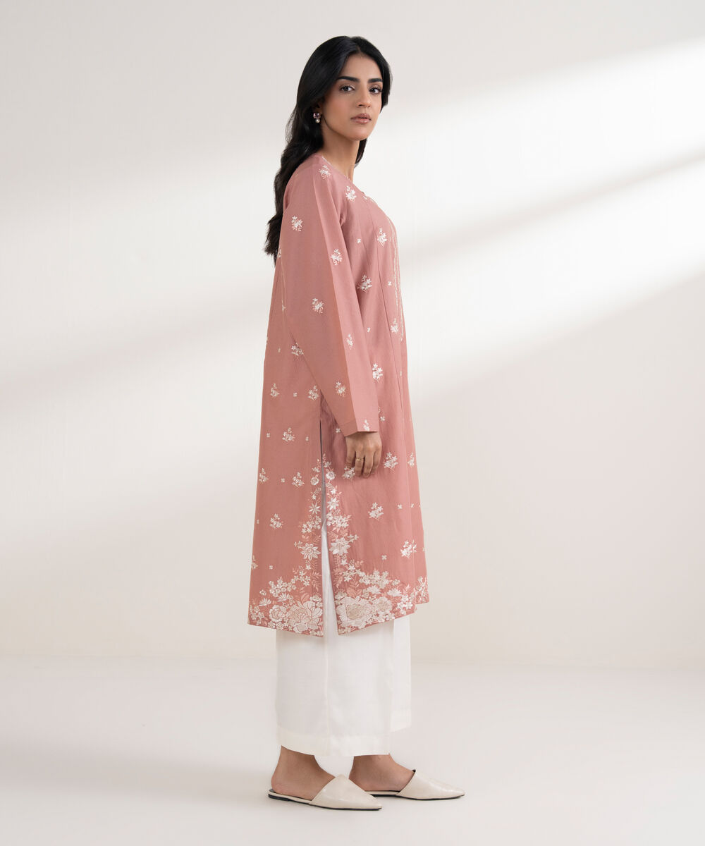 Women's RTW Zari Lawn Embroidered Pink Straight Shirt
