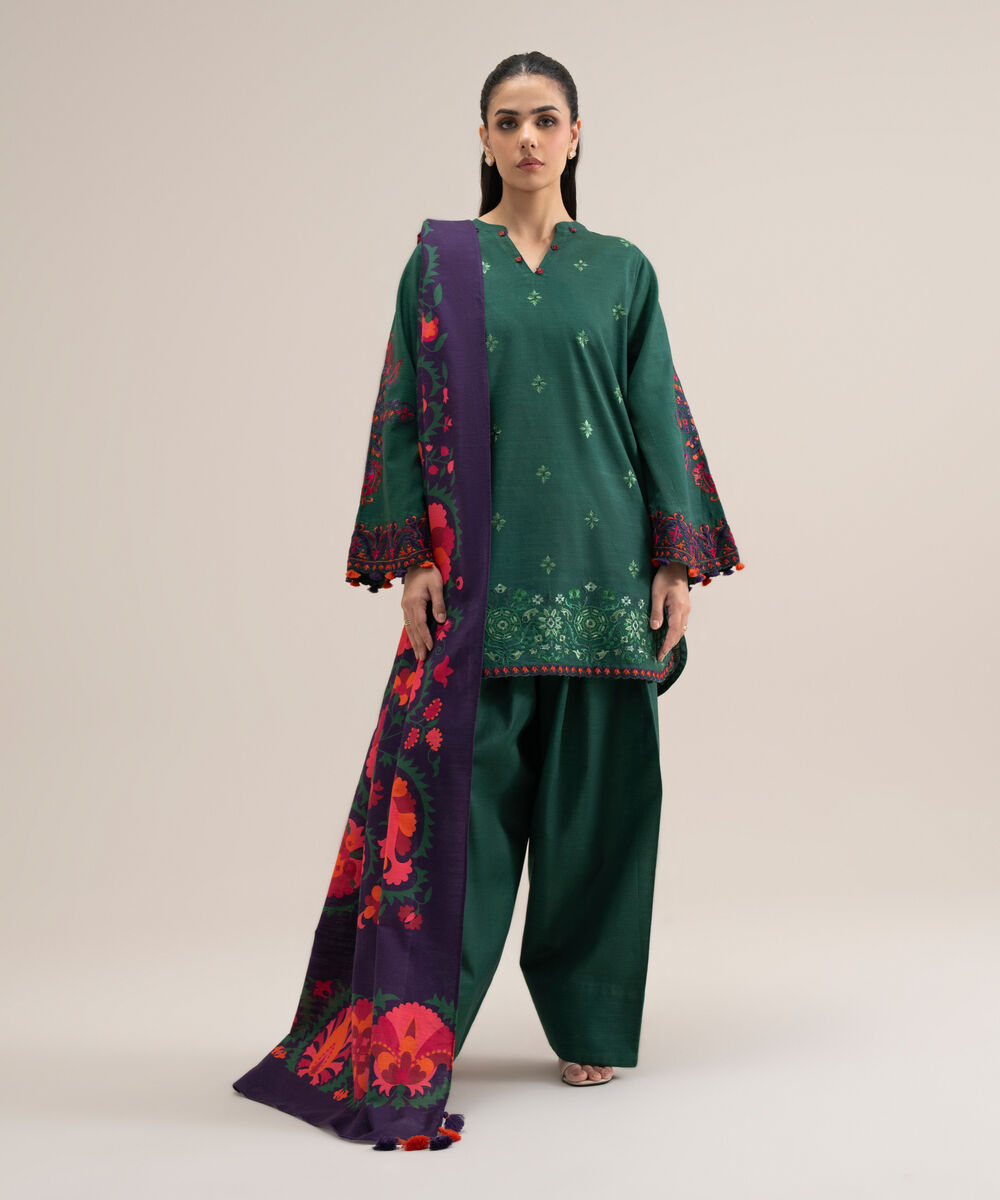 Women's Unstitched Cotton Embroidered Green 3 Piece Suit