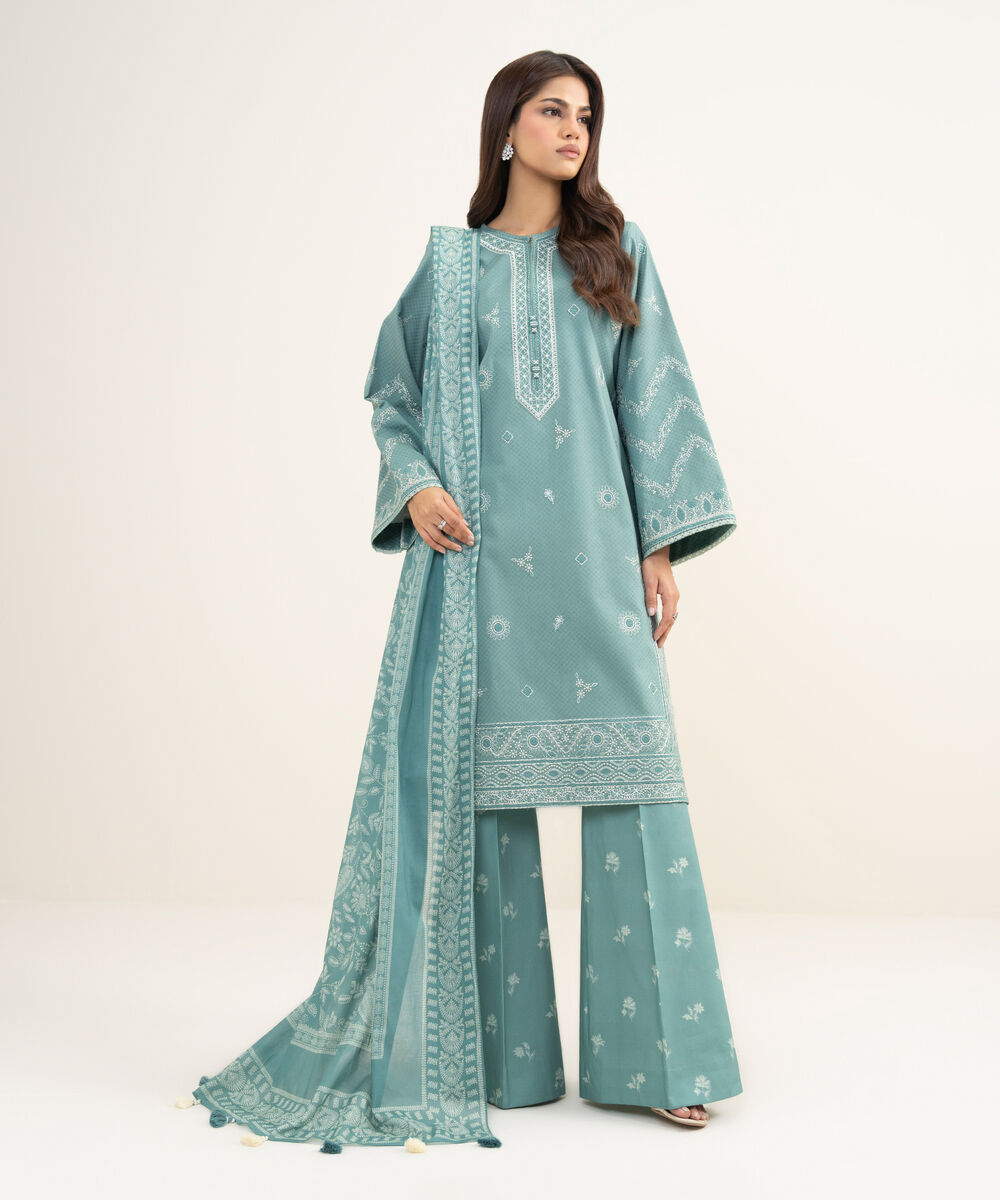 Women's Unstitched Dobby Embroidered Grey 3 Piece Suit