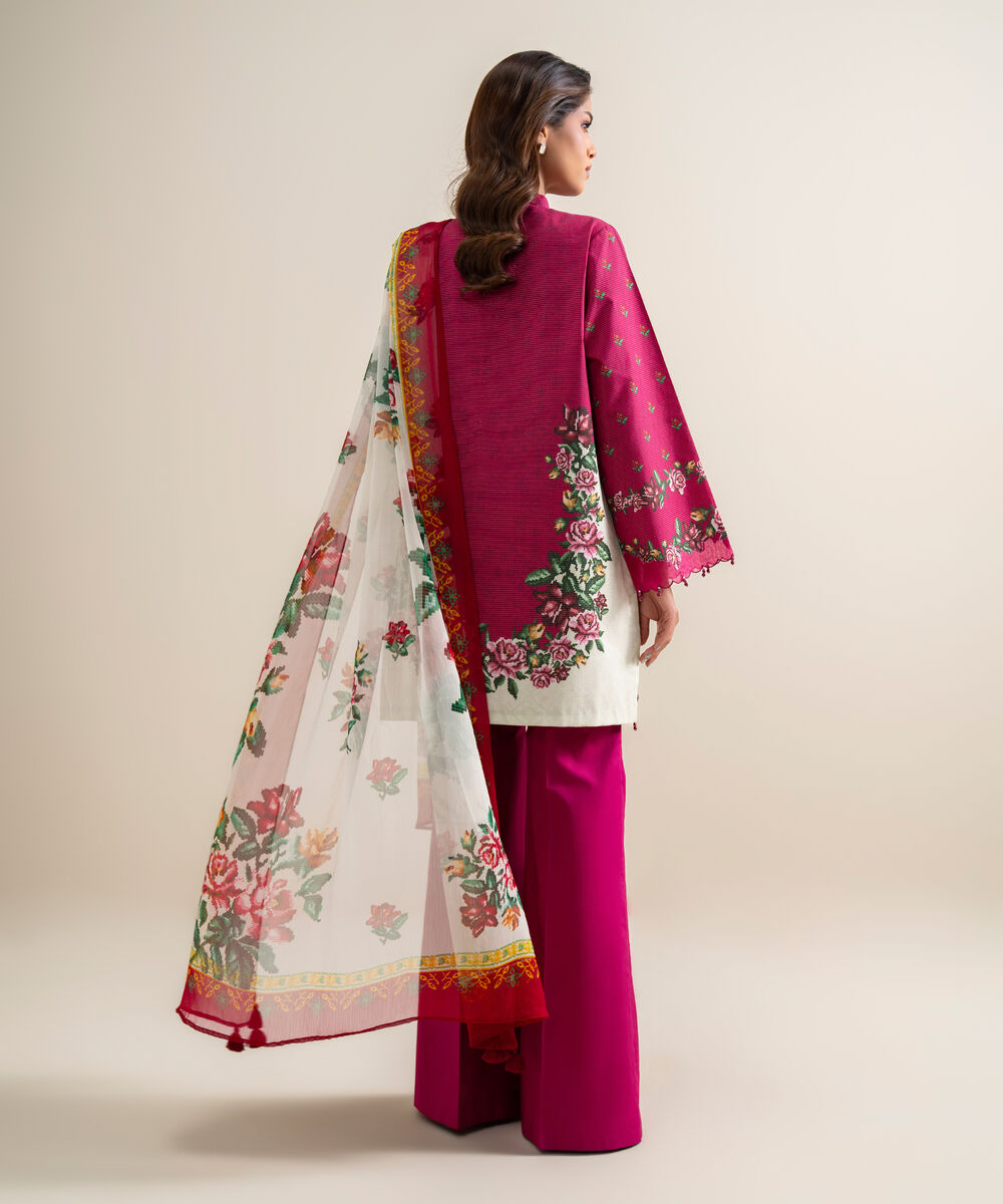 Women's Unstitched Zari Cotton Embroidered Pink 3 Piece Suit