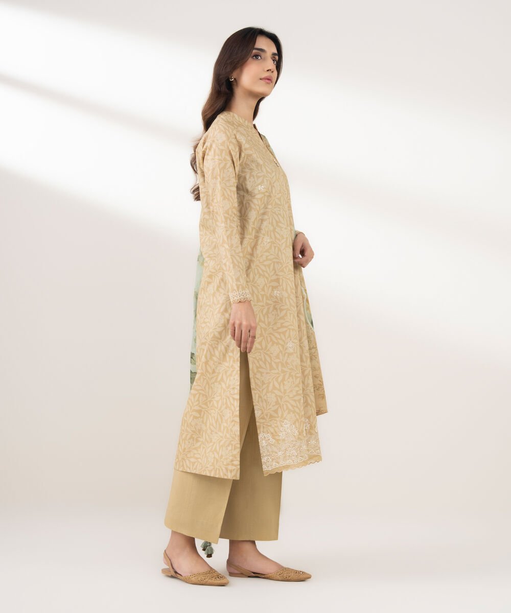 Women's Unstitched Zari Lawn Embroidered Beige 3 Piece Suit