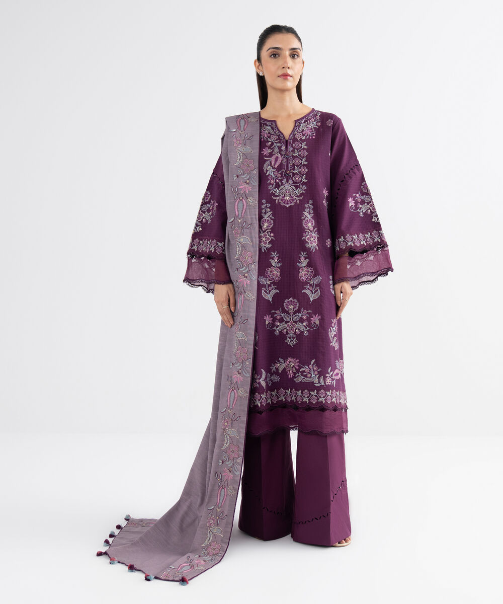 Women's Unstitched Dobby Embroidered Purple 3 Piece Suit