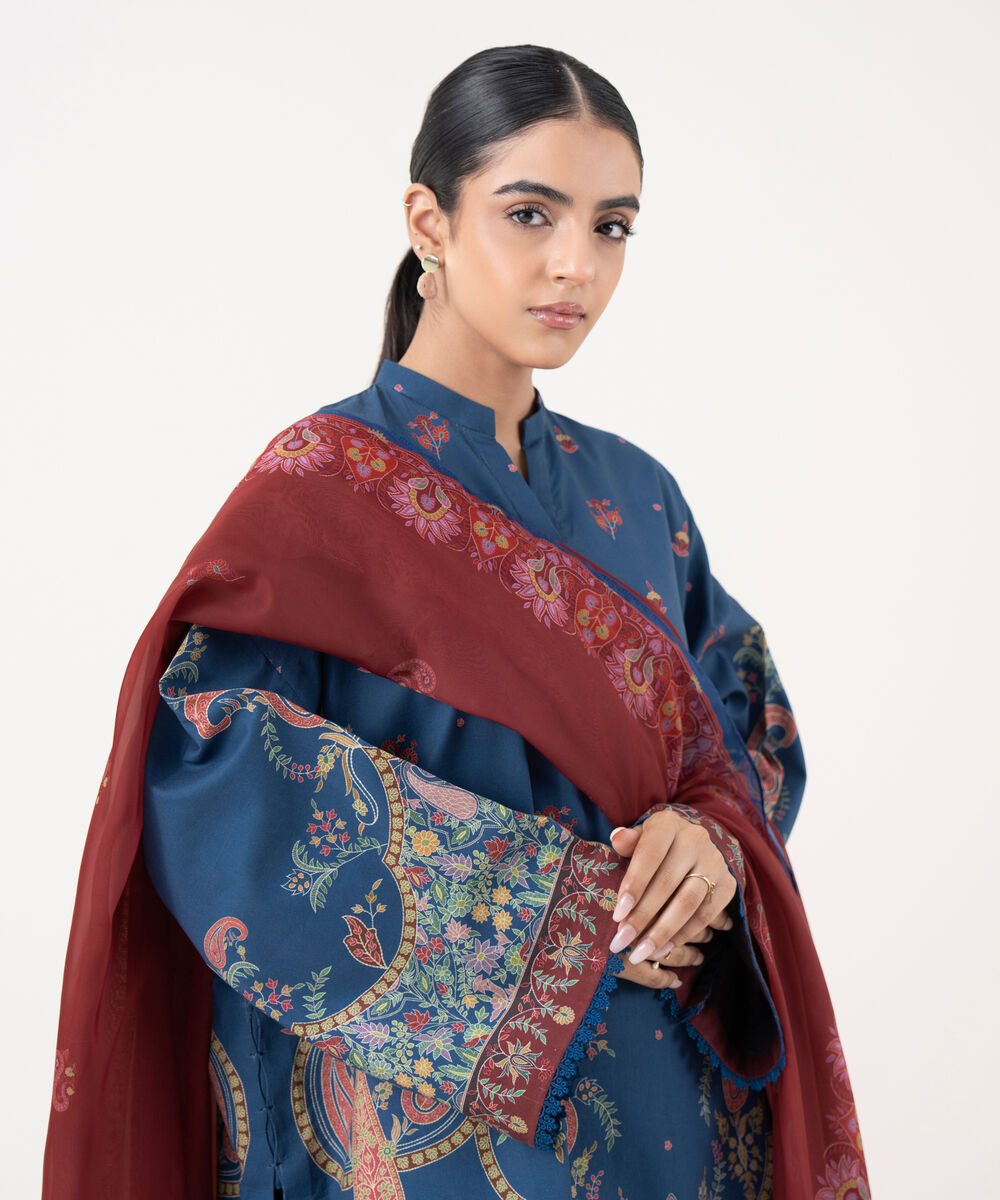 Women's Unstitched Cotton Printed Blue 3 Piece Suit